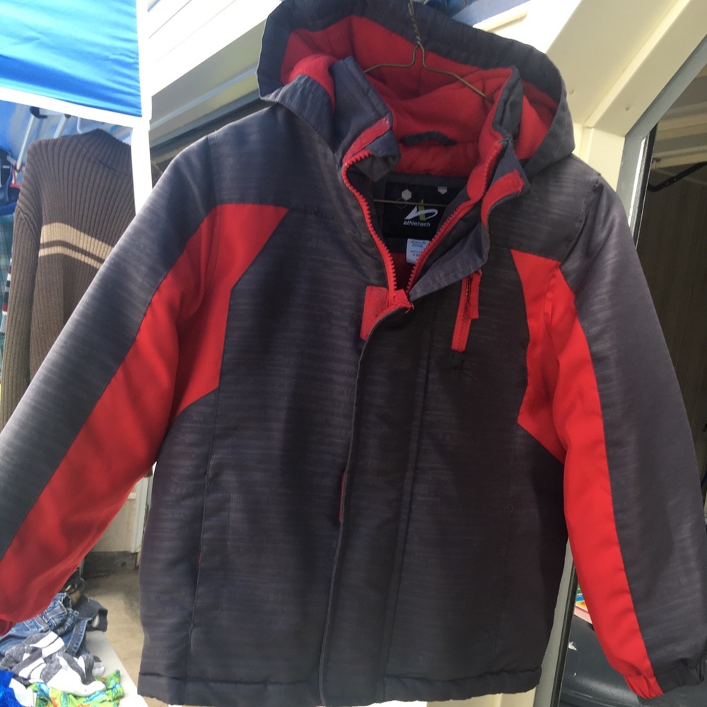 Heavy winter jacket with hood.